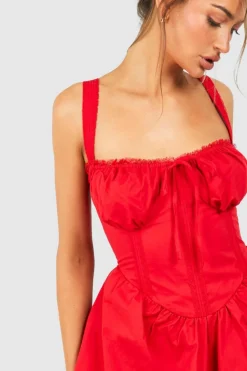 Skater Dresses*boohoo Cotton Strappy Milkmaid Mini Dress red