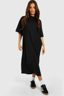 T-Shirt Dresses|Shirt Dresses*boohoo Cotton Super Oversized Midi T-shirt Dress black