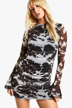 Long Sleeve Dresses|Long Sleeve Dresses*boohoo Cow Printed Mesh Flare Sleeve Mini Dress brown