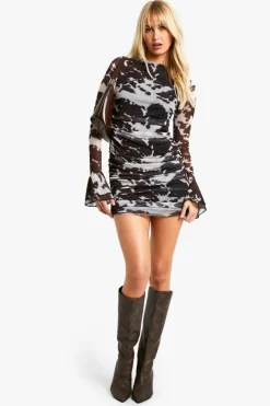 Long Sleeve Dresses|Long Sleeve Dresses*boohoo Cow Printed Mesh Flare Sleeve Mini Dress brown