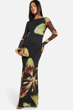 Maxi Dresses|Long Sleeve Dresses*boohoo Cowl Back Floral Mesh Maxi Dress black