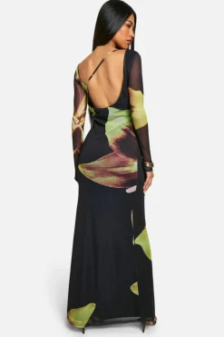 Maxi Dresses|Long Sleeve Dresses*boohoo Cowl Back Floral Mesh Maxi Dress black