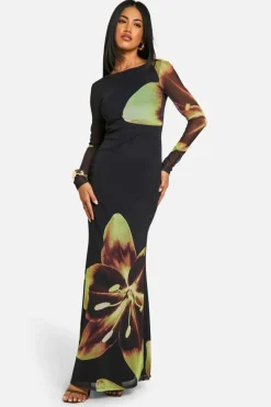 Maxi Dresses|Long Sleeve Dresses*boohoo Cowl Back Floral Mesh Maxi Dress black