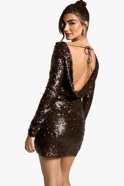 Bodycon Dresses|Mini Dresses*boohoo Cowl Neck Back Sequin Mini Dess chocolate