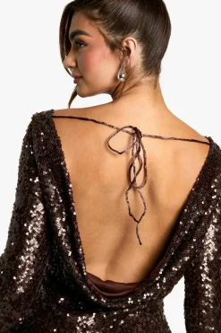 Bodycon Dresses|Mini Dresses*boohoo Cowl Neck Back Sequin Mini Dess chocolate
