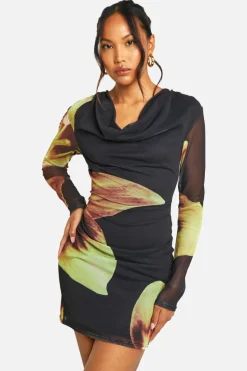 Bodycon Dresses*boohoo Cowl Neck Floral Mesh Long Sleeve Mini Dress black