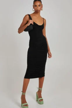 Midi Dresses*Pink Vanilla Cowl Neck Gathered Midi Dress Black