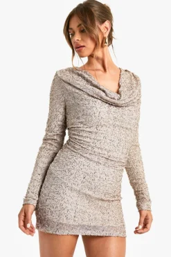 Bodycon Dresses|Mini Dresses*boohoo Cowl Neck Hand Embellished Mini Dress mocha