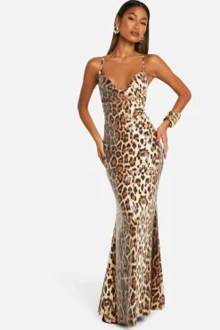 Maxi Dresses|Dresses*boohoo Cowl Neck Leopard Sequin Maxi Dress brown