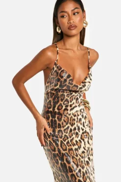 Maxi Dresses|Dresses*boohoo Cowl Neck Leopard Sequin Maxi Dress brown