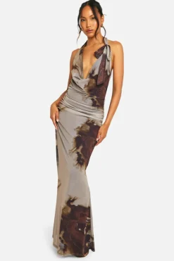 Maxi Dresses*boohoo Cowl Neck Printed Mesh Tie Neck Maxi Dress brown