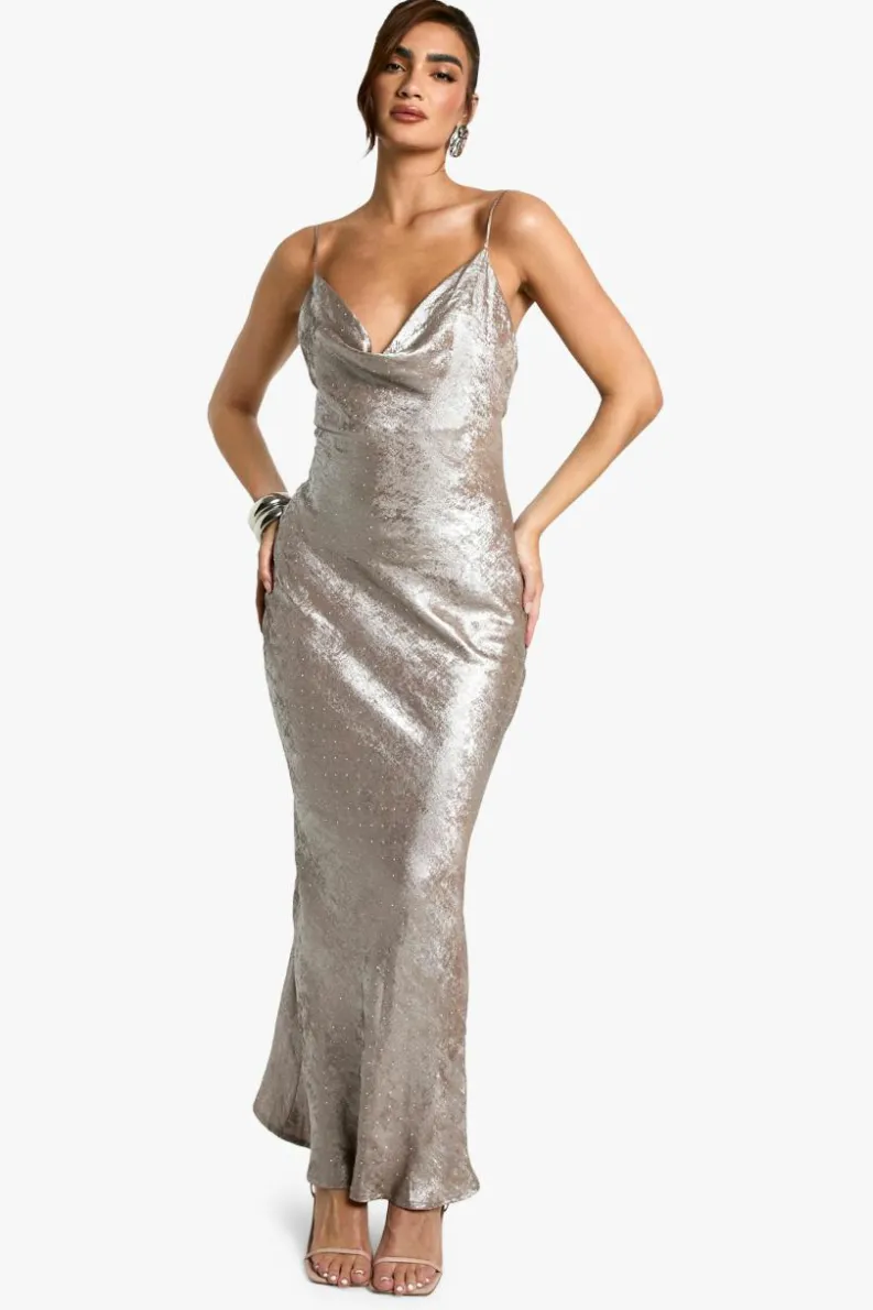 Maxi Dresses*boohoo Cowl Neck Satin Diamante Maxi Dress silver