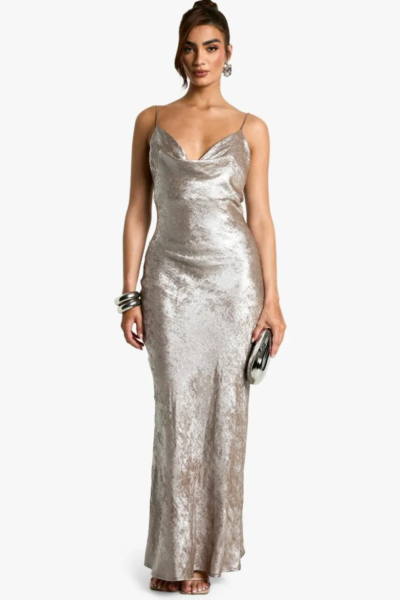Maxi Dresses*boohoo Cowl Neck Satin Diamante Maxi Dress silver
