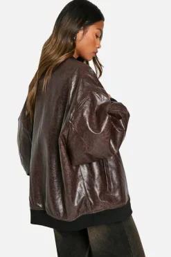 Up To 80% Off Winter Warmers|Bomber Jackets*boohoo Cracked Faux Leather Oversized Bomber Jacket burgundy