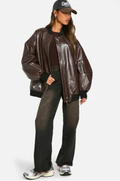 Up To 80% Off Winter Warmers|Bomber Jackets*boohoo Cracked Faux Leather Oversized Bomber Jacket burgundy