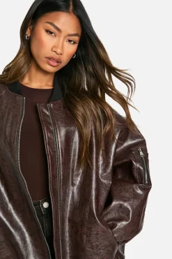 Up To 80% Off Winter Warmers|Bomber Jackets*boohoo Cracked Faux Leather Oversized Bomber Jacket burgundy