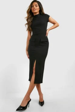 Midi Dresses*boohoo Crepe High Neck Pocket Detail Midi Dress black