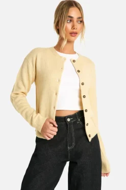 Cardigans|Up To 80% Off Winter Warmers*boohoo Crew Neck Fine Gauge Micro Cardigan stone