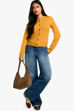 Cardigans*boohoo Crew Neck Fine Gauge Micro Cardigan mustard