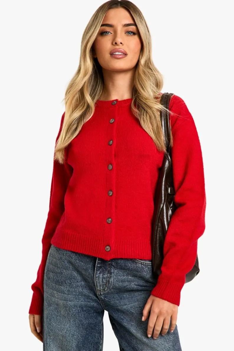 Cardigans|Knitwear*boohoo Crew Neck Fine Gauge Micro Cardigan flame red