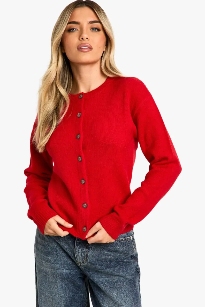 Cardigans|Knitwear*boohoo Crew Neck Fine Gauge Micro Cardigan flame red