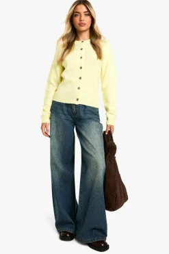 Cardigans|Jumpers & Cardigans*boohoo Crew Neck Fine Gauge Micro Cardigan lemon