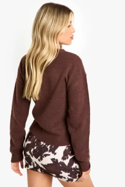 Cardigans|Jumpers & Cardigans*boohoo Crew Neck Fine Gauge Micro Cardigan chocolate