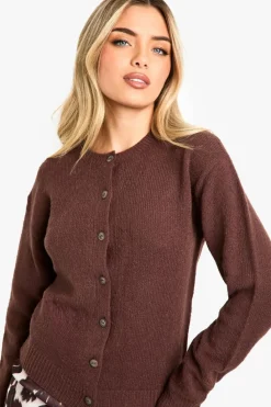 Cardigans|Jumpers & Cardigans*boohoo Crew Neck Fine Gauge Micro Cardigan chocolate