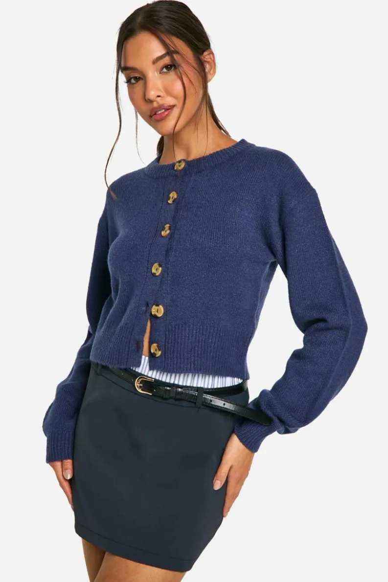 Cardigans|Knitwear*boohoo Crew Neck Puff Sleeve Soft Knit Micro Cardigan navy