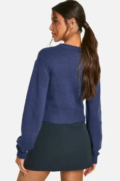 Cardigans|Knitwear*boohoo Crew Neck Puff Sleeve Soft Knit Micro Cardigan navy