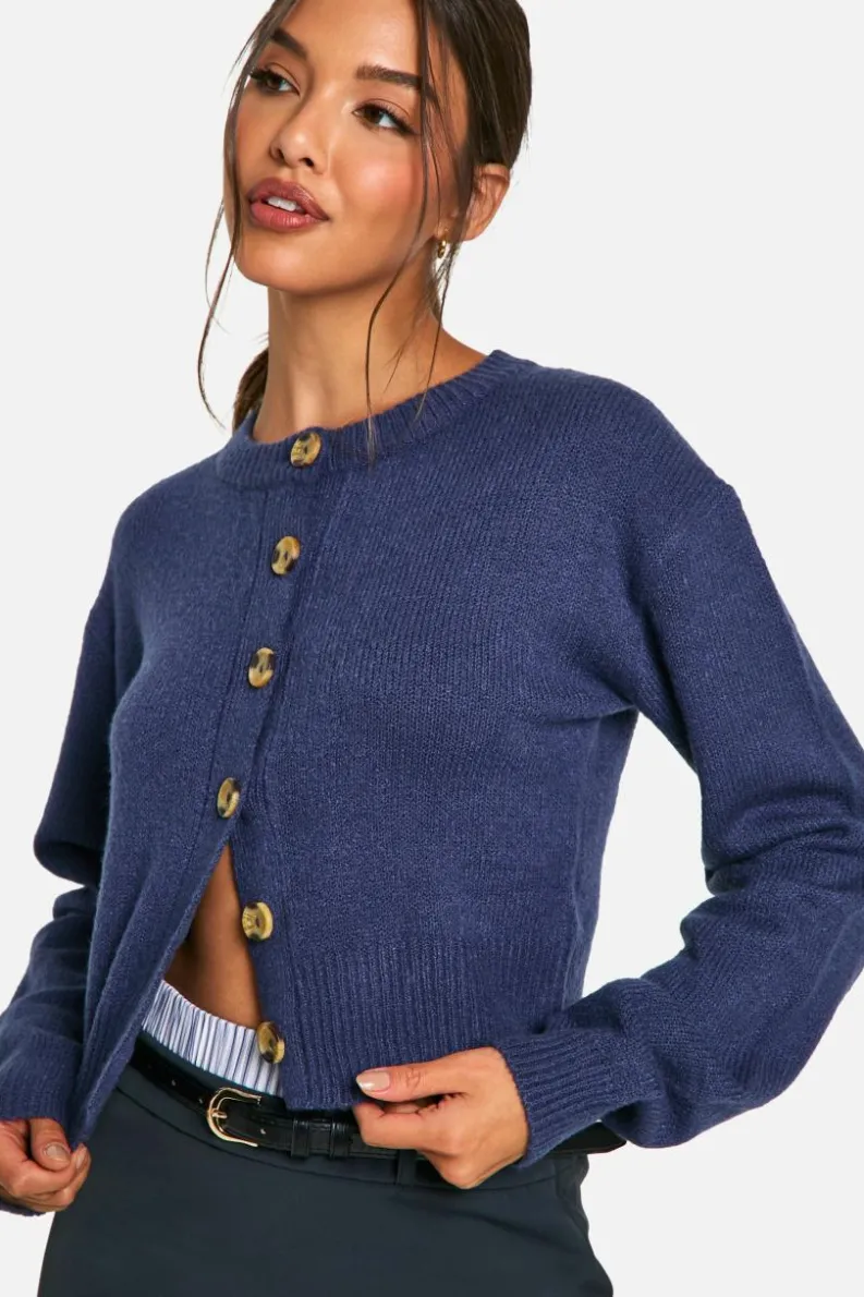 Cardigans|Knitwear*boohoo Crew Neck Puff Sleeve Soft Knit Micro Cardigan navy