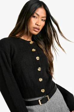 Cardigans*boohoo Crew Neck Puff Sleeve Soft Knit Micro Cardigan black