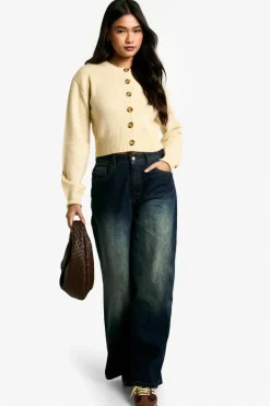 Cardigans*boohoo Crew Neck Puff Sleeve Soft Knit Micro Cardigan stone