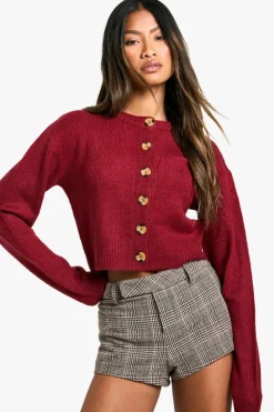 Cardigans|Jumpers & Cardigans*boohoo Crew Neck Puff Sleeve Soft Knit Micro Cardigan berry
