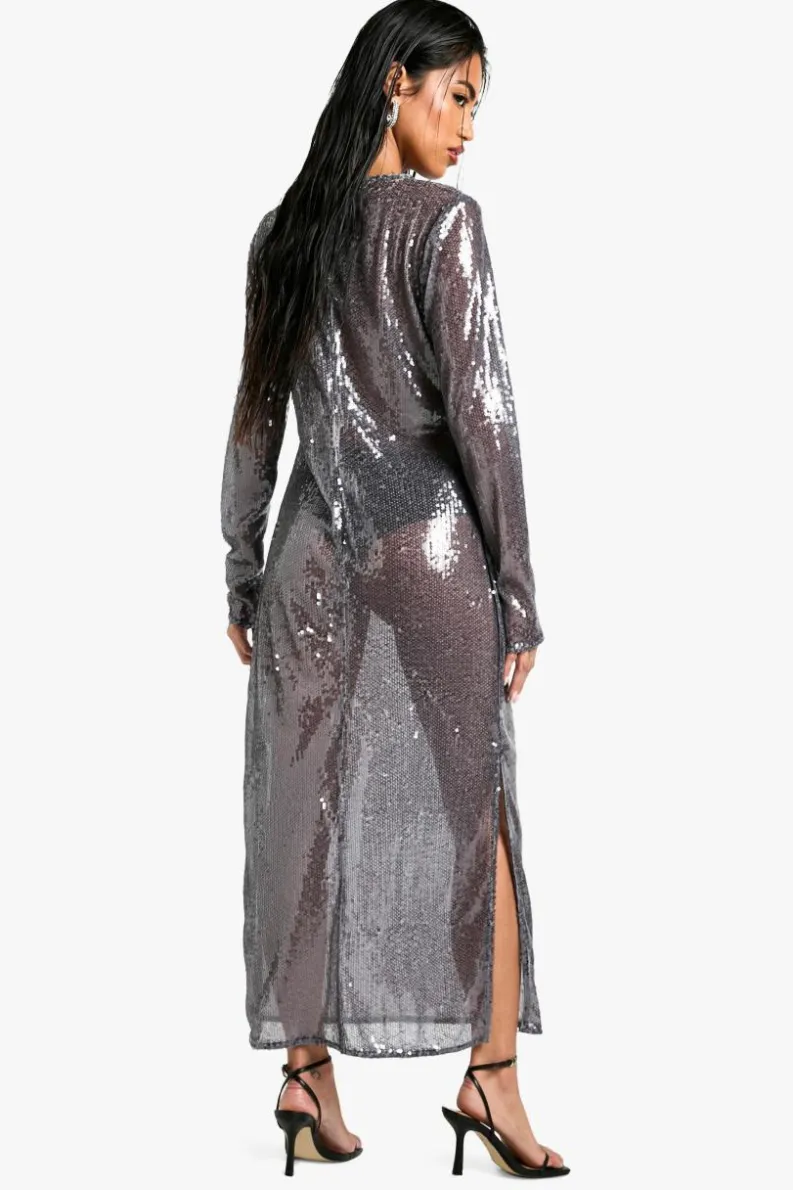 Bodycon Dresses|Maxi Dresses*boohoo Crew Neck Sequin Maxi Dress grey