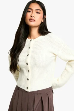 Cardigans|Knitwear*boohoo Crew Neck Soft Knit Micro Cardigan off white