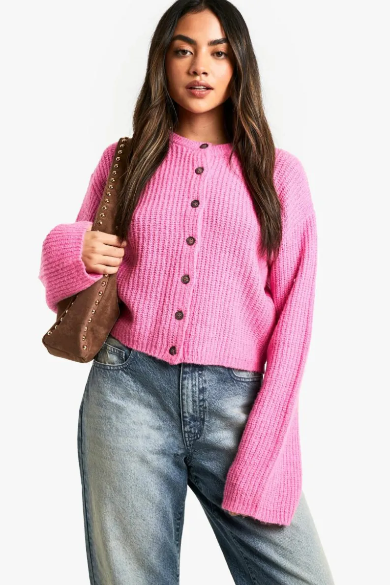 Cardigans|Knitwear*boohoo Crew Neck Soft Knit Micro Cardigan pink