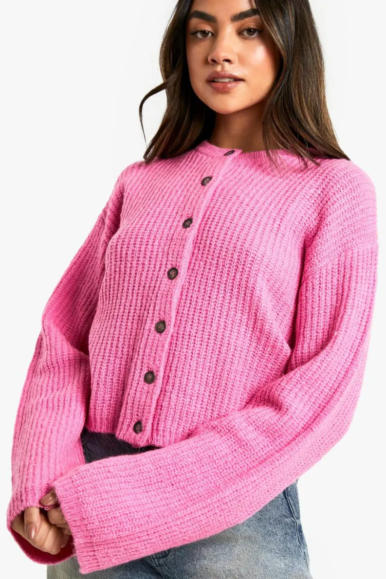 Cardigans|Knitwear*boohoo Crew Neck Soft Knit Micro Cardigan pink