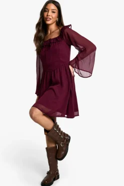 Skater Dresses*boohoo Crinkle Chiffon Bardot Skater Dress merlot