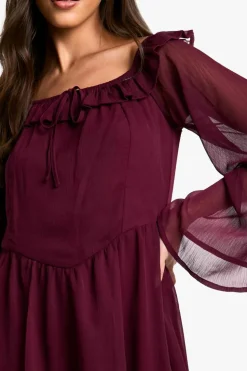 Skater Dresses*boohoo Crinkle Chiffon Bardot Skater Dress merlot
