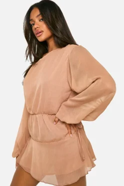 Smock Dresses*boohoo Crinkle Chiffon Frill Hem Mini Dress mocha