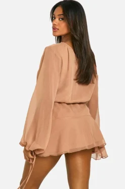 Smock Dresses*boohoo Crinkle Chiffon Frill Hem Mini Dress mocha