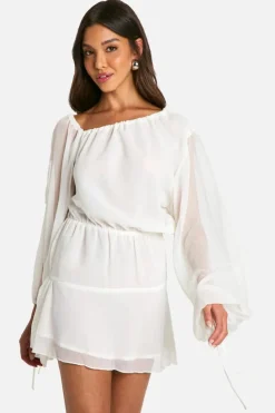 Smock Dresses*boohoo Crinkle Chiffon Frill Hem Mini Dress ivory