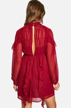 Smock Dresses*boohoo Crinkle Chiffon Funnel Neck Ruffle Smock Dress burgundy