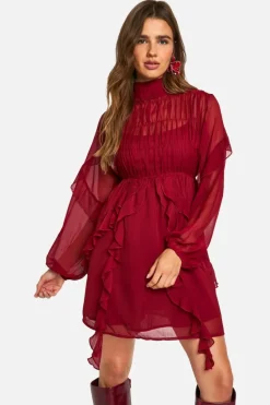 Smock Dresses*boohoo Crinkle Chiffon Funnel Neck Ruffle Smock Dress burgundy