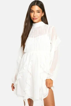 Smock Dresses*boohoo Crinkle Chiffon Funnel Neck Ruffle Smock Dress ivory