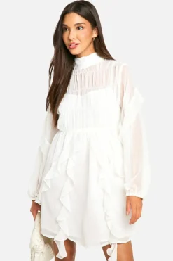 Smock Dresses*boohoo Crinkle Chiffon Funnel Neck Ruffle Smock Dress ivory