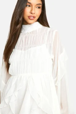 Smock Dresses*boohoo Crinkle Chiffon Funnel Neck Ruffle Smock Dress ivory