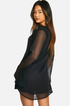 Mini Dresses|Long Sleeve Dresses*boohoo Crinkle Chiffon Ruffle Flare Sleeve Mini Dress black