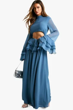 Smock Dresses|Maxi Dresses*boohoo Crinkle Chiffon Ruffle Flare Sleeve Maxi Dress slate blue